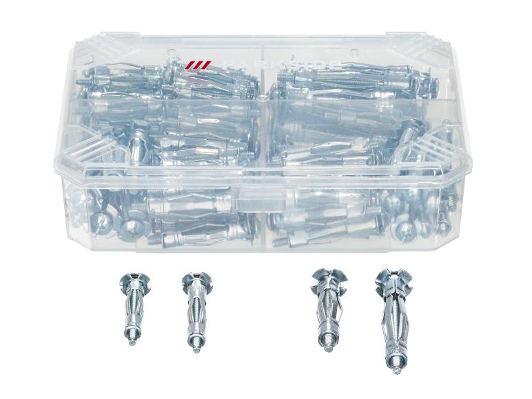Zestaw kołków rozporowych i wkrętów Parkside w przezroczystym pudełku.