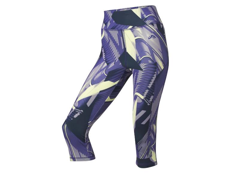 Damskie legginsy z abstrakcyjnym wzorem w kolorze fioletowym.