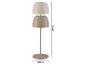 Beżowa lampa stołowa z dwoma kloszami, wysokość 41,9 cm, średnica podstawy 12 cm.