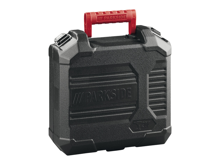 Czarna skrzynka narzędziowa Parkside z czerwoną rączką.