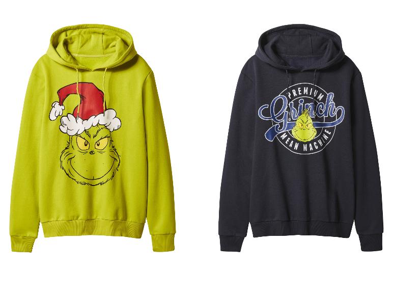 Dwie bluzy z kapturem Grinch: jedna limonkowo-zielona z Grinchem w czapce Mikołaja, druga granatowa z logo Grinch.