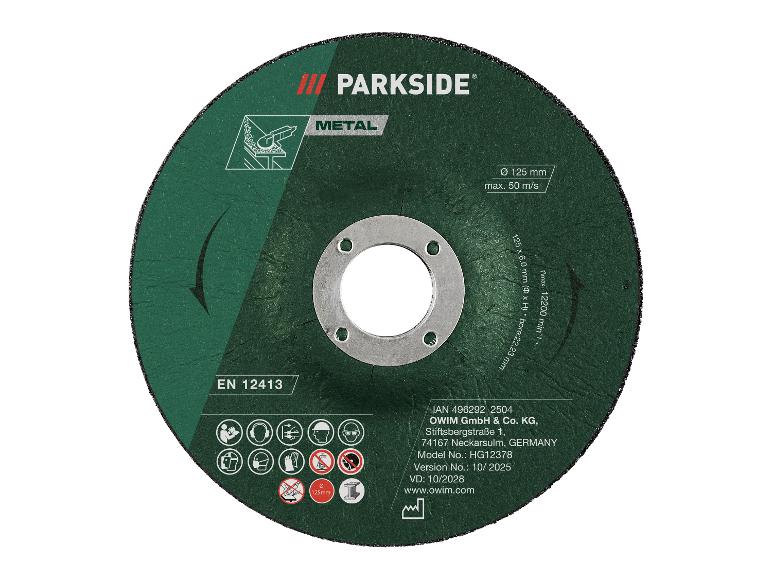 Tarcza tnąca Parkside do metalu, 125 mm, ze specyfikacjami i informacjami producenta.