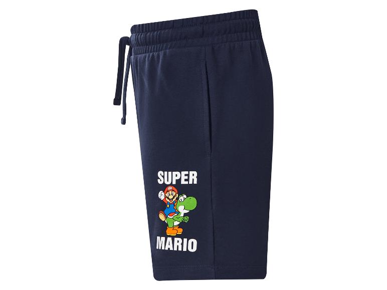 Granatowe szorty z nadrukiem postaci z gry wideo i napisem „SUPER MARIO”