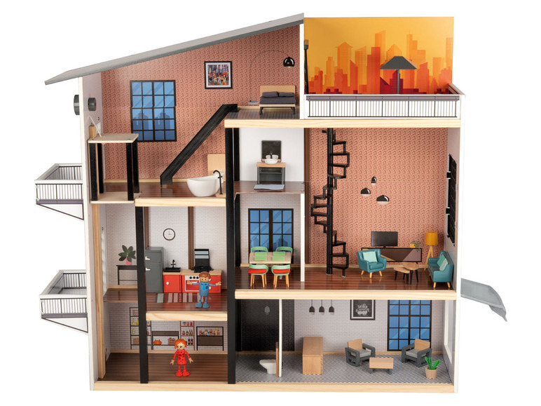 Pełny ekran: Playtive Domek dla lalek XXL z drewna, 54 elementy - zdjęcie 2