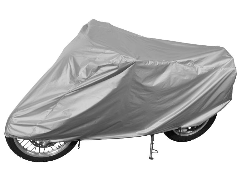 Srebrny pokrowiec na motocykl na białym tle.