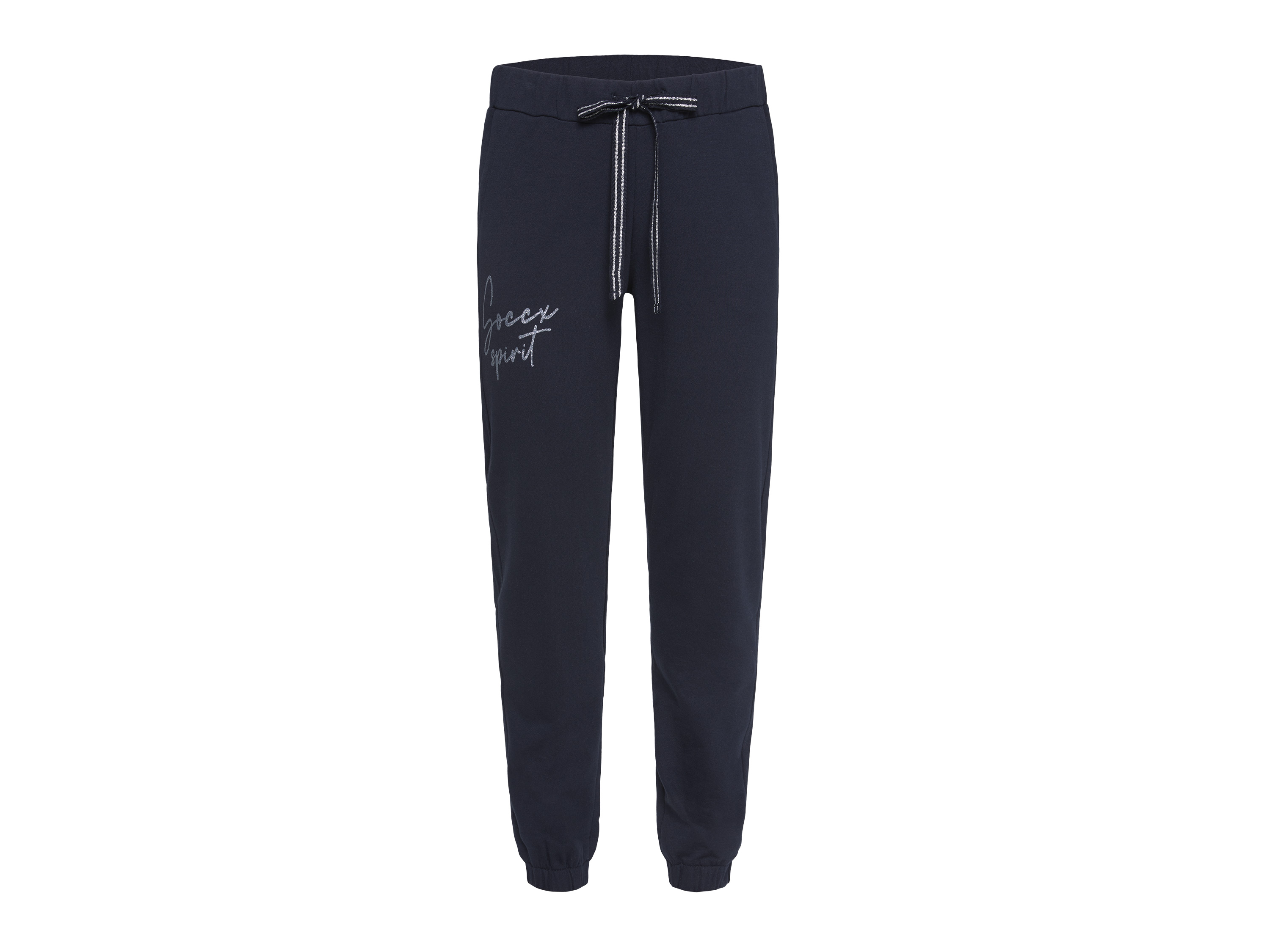 SOCCX Damskie spodnie jogger z nadrukiem z brokatem (Granatowy, M)