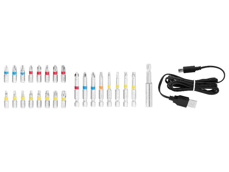 Zestaw bitów do wkrętarki z różnymi końcówkami i kablem USB
