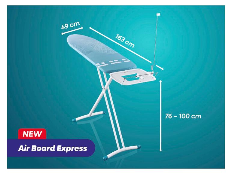 Deska do prasowania Air Board Express o wymiarach 49x163 cm i regulowanej wysokości 76-100 cm.