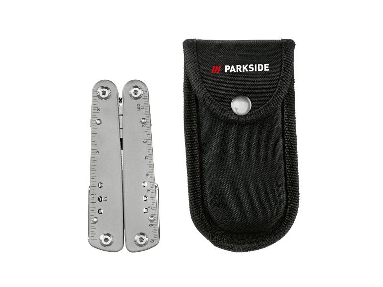 Multitool Parkside ze stali nierdzewnej z czarnym etui.