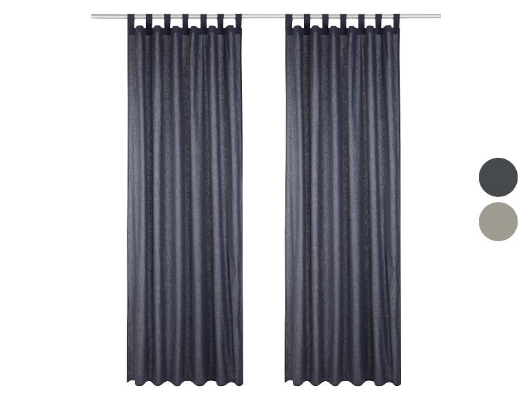 Dwie zasłony lniane, ciemne i taupe.