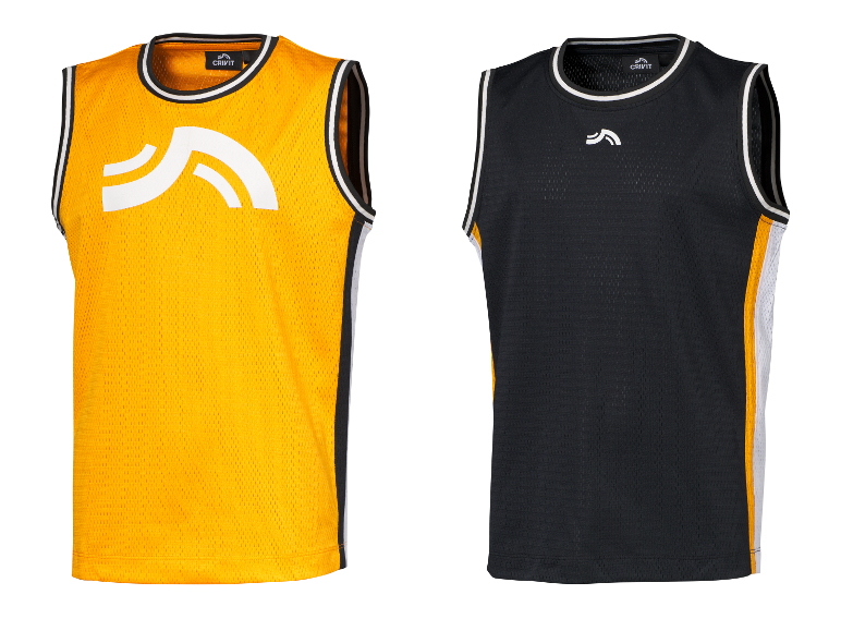 Dwie koszulki Crivit do koszykówki, jedna żółta i jedna czarna.