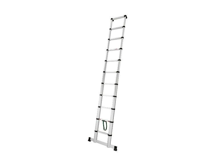 Aluminiowa drabina teleskopowa z 11 szczeblami i zielonym paskiem.
