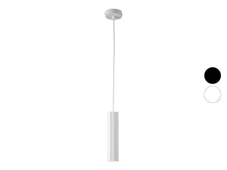 Biała cylindryczna lampa wisząca.