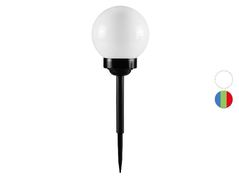Lampa solarna ogrodowa z białą kulistą lampą i czarnym szpikulcem, z opcjami kolorów.