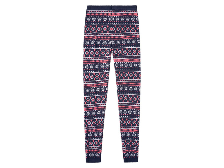 Ciemnoniebieskie legginsy z czerwono-białym świątecznym wzorem.