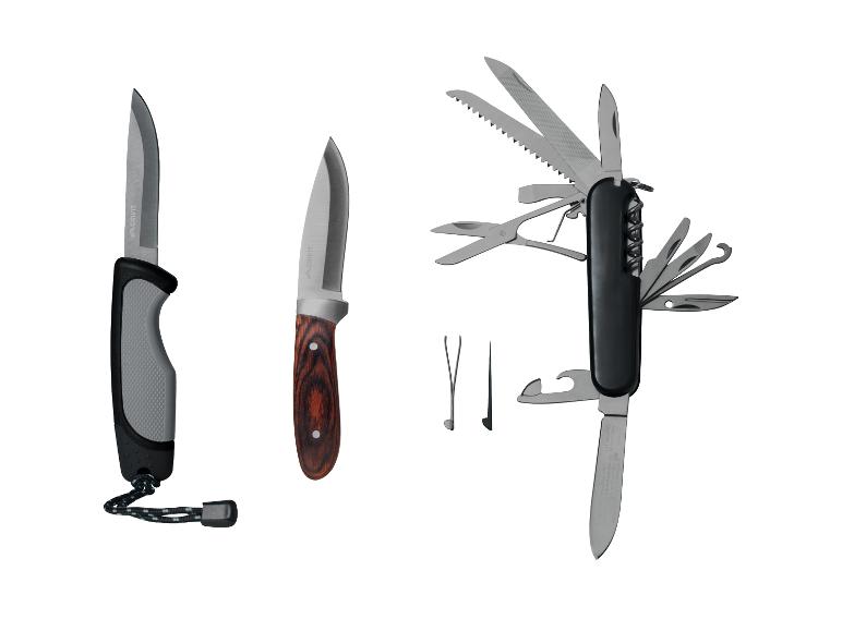 Dwa noże CRIVIT i multitool z różnymi funkcjami.