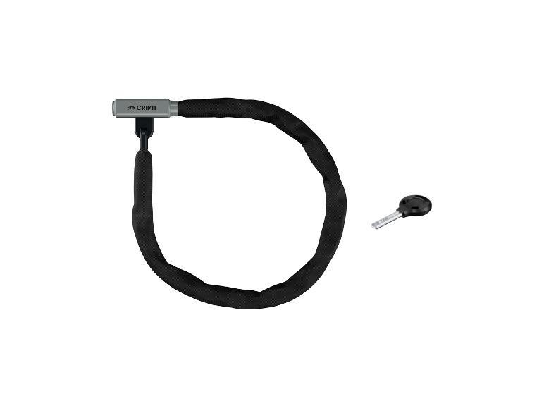 Czarny zamek do łańcucha rowerowego Crivit z kluczem.