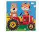 Drewniana układanka z obrazkiem ciągnika, psa i kota.