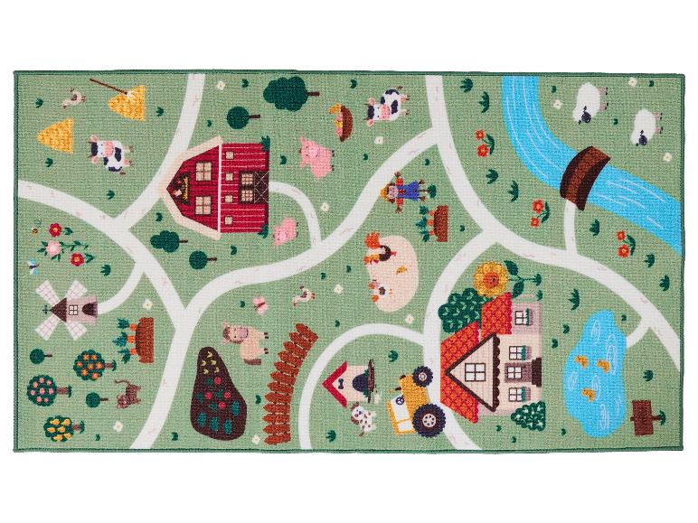 Dywan do zabawy z motywem farmy, z drogami, stodołą, zwierzętami i domami.
