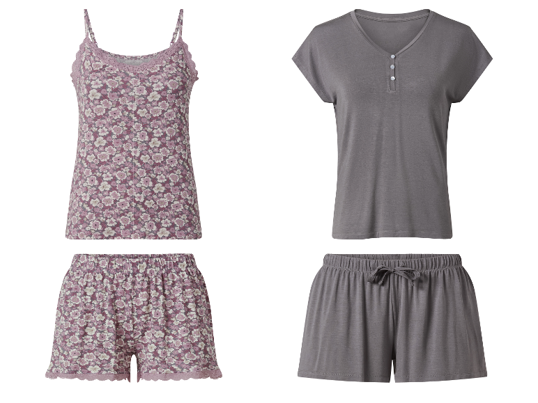 Dwa komplety piżam damskie: jeden z kwiatowym wzorem, drugi szary.