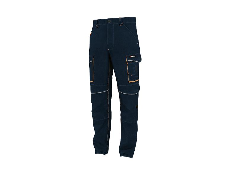 Spodnie robocze Parkside z ciemnego denimu z pomarańczowymi detalami i odblaskami.