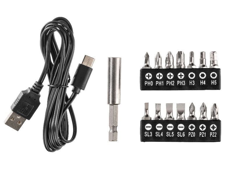 Kabel USB do ładowania i zestaw magnetycznych bitów do wkrętaka.