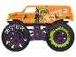 Pomarańczowy monster truck z motywem błazna i dużymi kołami.