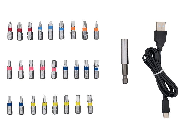 Zestaw bitów do wkrętarki z różnymi końcówkami, uchwytem magnetycznym i kablem USB do ładowania.