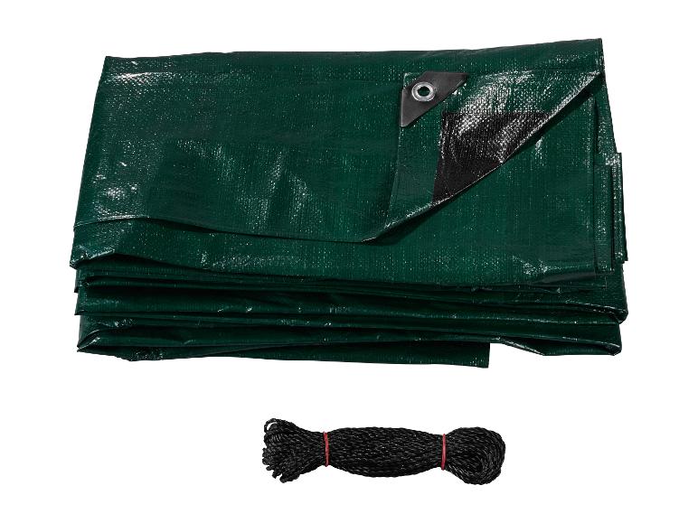 Zielona plandeka z metalowymi oczkami i czarnym sznurkiem