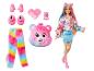 Lalka Barbie z akcesoriami Care Bears, w tym pluszową głową, grzebieniem i ubraniami.
