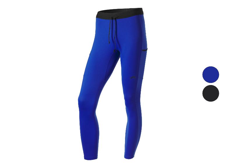 Męskie niebieskie legginsy sportowe z czarnym pasem i sznurkiem, z boczną kieszenią.