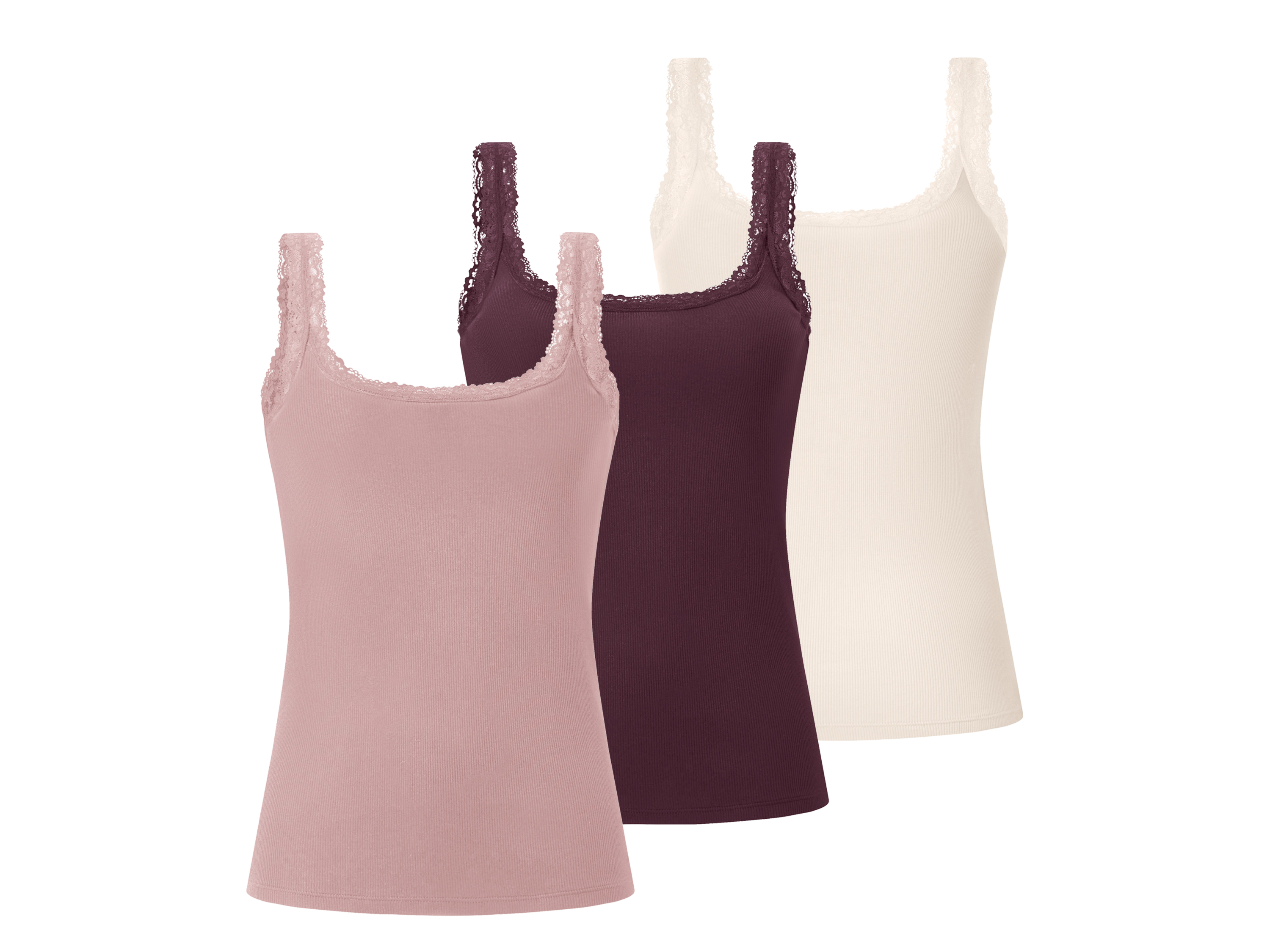 ESMARA® Topy z koronką, 3 sztuki (bordowy/różowy/różowy, L(44/46))