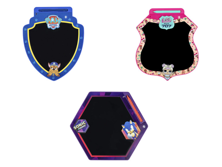 Trzy tablice do rysowania z motywami Paw Patrol, LOL Surprise i Sonic the Hedgehog.