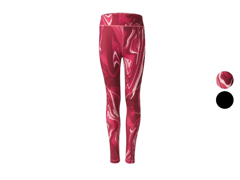 Czerwone legginsy sportowe z białym marmurkowym wzorem i dwoma próbkami kolorów.