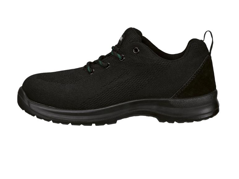 Czarne buty ochronne z zielonymi sznurówkami i teksturowaną dzianinową cholewką.