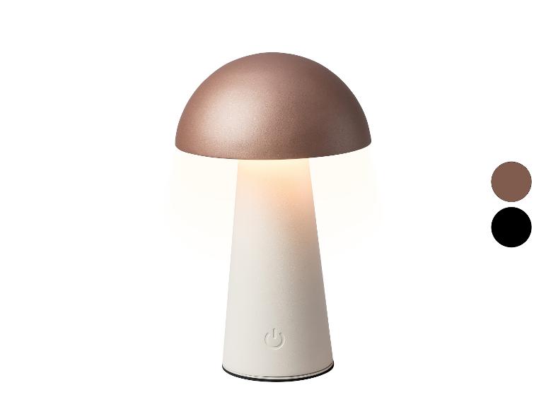 Lampa stołowa w kształcie grzyba z brązową górą i kremową podstawą, z przyciskiem włączania/wyłączania.