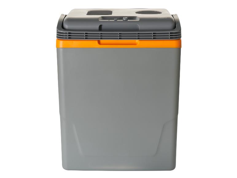 Szara i pomarańczowa elektryczna lodówka turystyczna z uchwytem i panelem sterowania.
