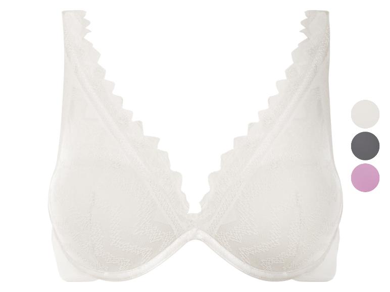 Biały biustonosz z koronką i koronkowym wykończeniem.