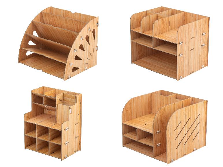 Cztery widoki drewnianego organizera na biurko z wieloma przegródkami i półkami.