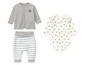 Zestaw ubranek dla niemowląt z body z nadrukiem słoni, paskowanymi spodniami i szarym swetrem.