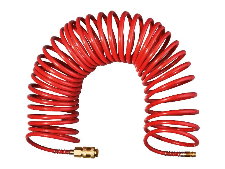 Czerwony spiralny wąż pneumatyczny z mosiężnymi złączkami, marka PARKSIDE