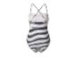 Czarno-biały strój kąpielowy w paski.