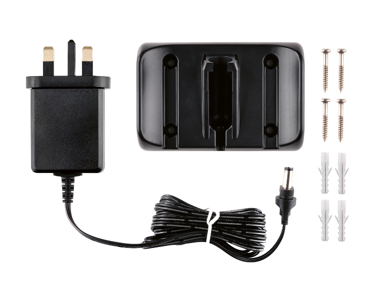 Ładowarka z zasilaczem, wtyczką i akcesoriami montażowymi.