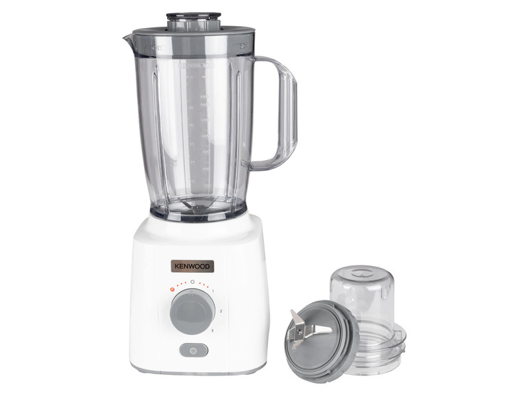 Biały blender Kenwood z szklanym dzbanem i mniejszym pojemnikiem do miksowania.