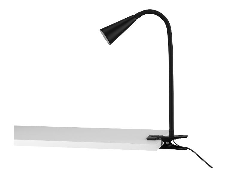 Czarna lampa biurkowa z klipsem i elastycznym ramieniem.