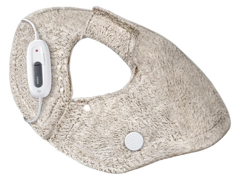 Beżowa elektryczna poduszka grzewcza Sanitas z regulatorem temperatury i automatycznym wyłączaniem.