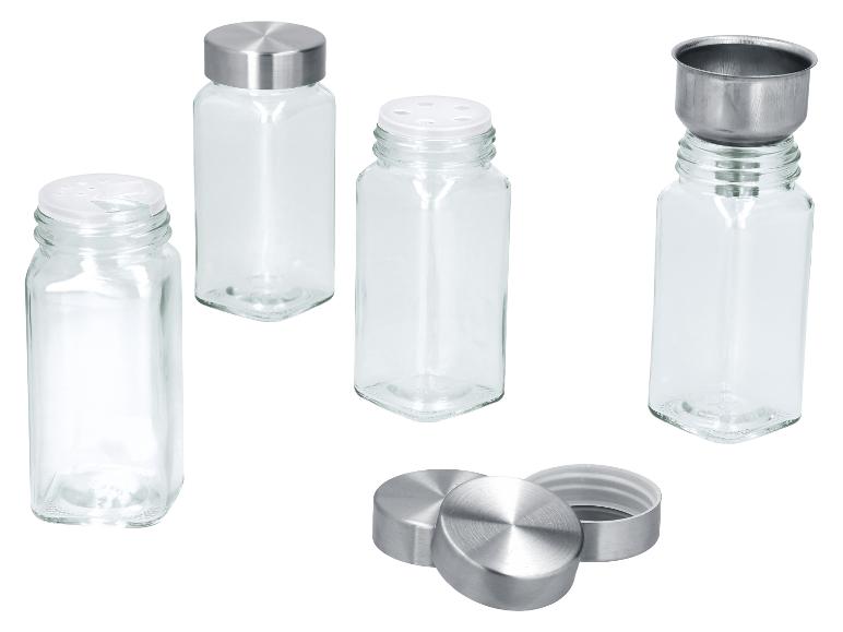 Zestaw szklanych słoików na przyprawy z metalowymi i plastikowymi pokrywkami, w tym lejek