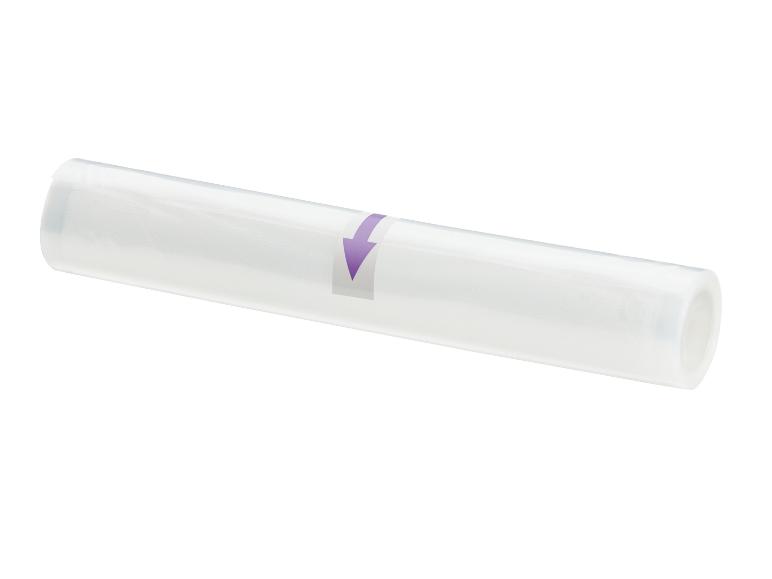 Rolka przezroczystej folii do pakowania próżniowego z fioletową strzałką na białej etykiecie.