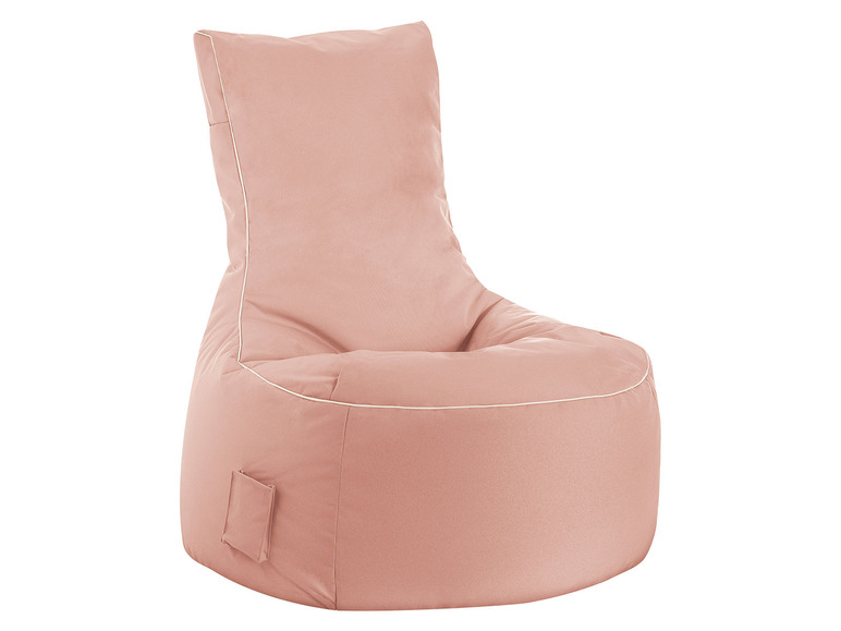 Różowy fotel typu beanbag z białymi detalami.