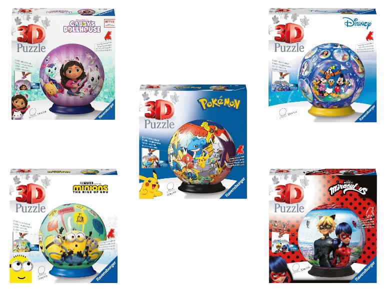 Ravensburger 3D puzzle z motywami Gabby's Dollhouse, Minionków, Pokémonów, księżniczek Disneya i Miraculous.